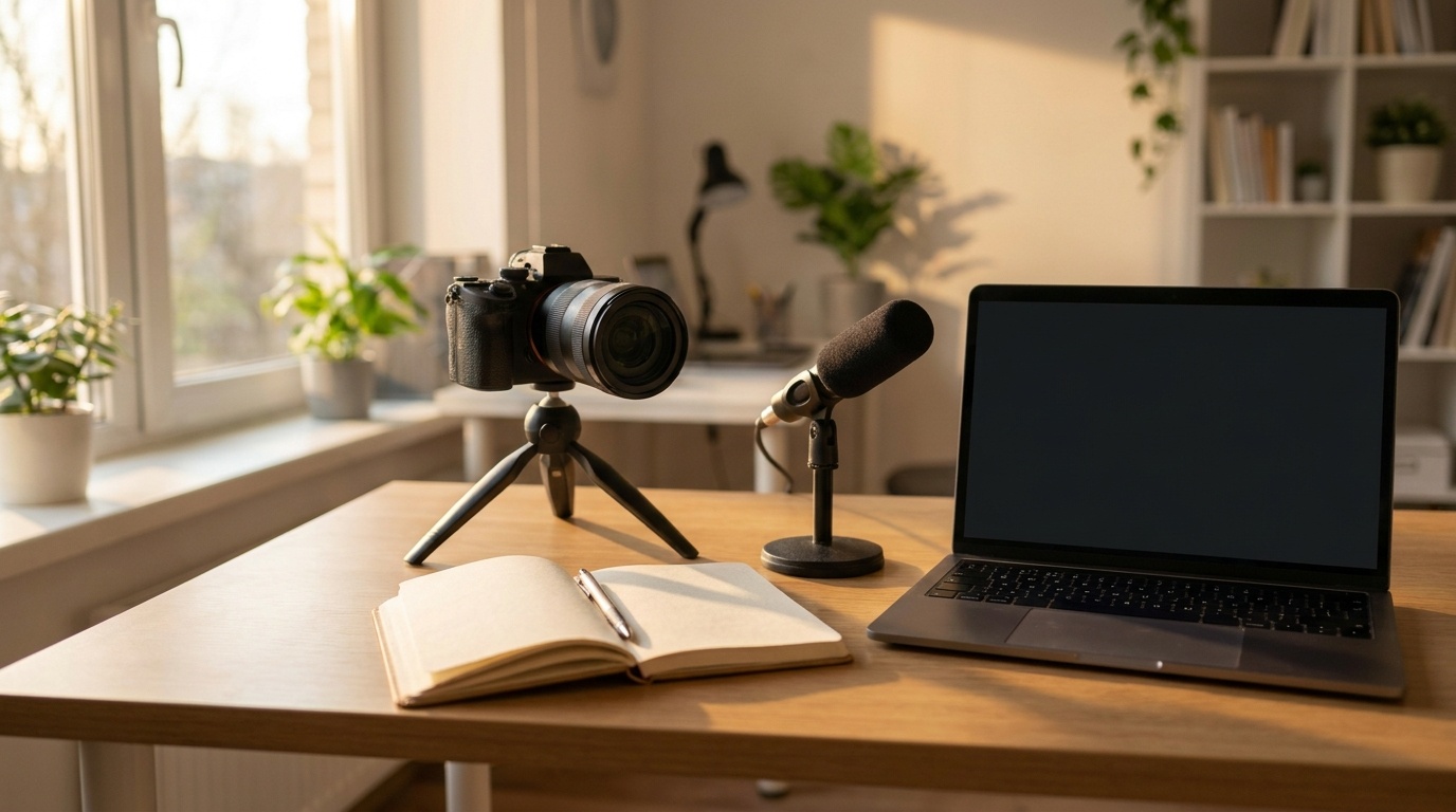 A DSLR camera on a tripod, a microphone, a laptop, and an open notebook with a pen are arranged on a wooden desk in a brightly lit room with plants and bookshel